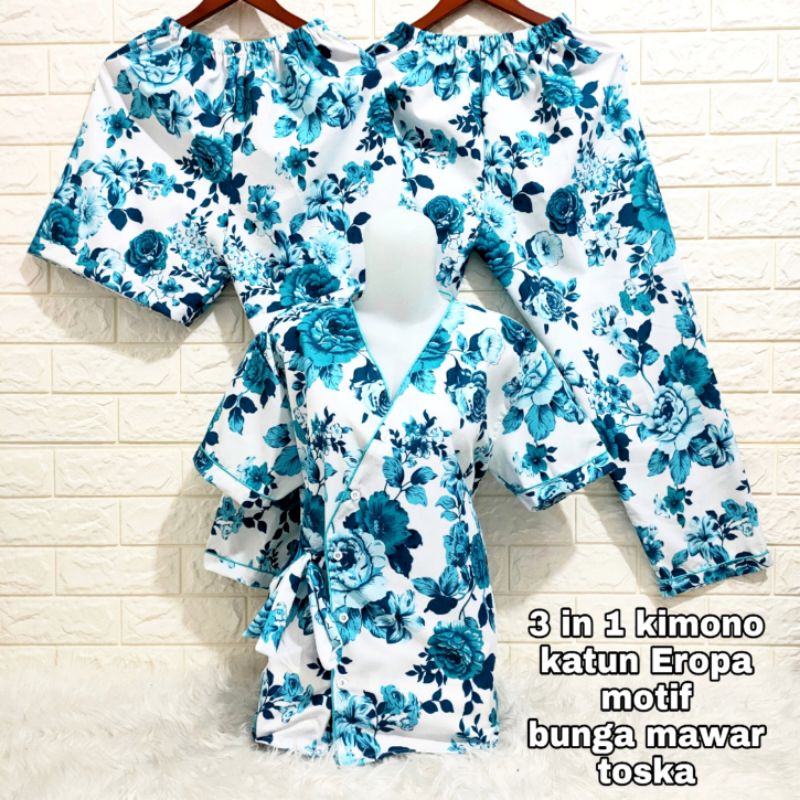 Piyama baju tidur Kimono 3in1 Wanita L-XL-XXL Motif Bunga