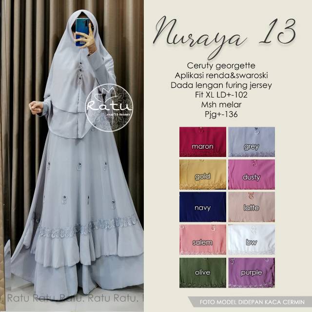NURAYA SYARI 13 GAMIS PREMIUM CANTIK RENDA SWAROSKY KHIMAR PAD 2 LAYER
