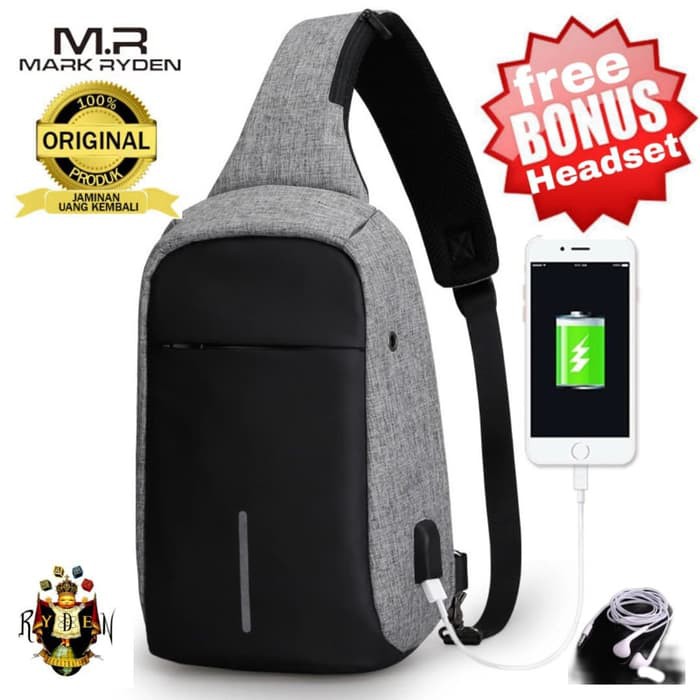 tas slempang original merek Mark Ryden/usb/anti maling - Hitam