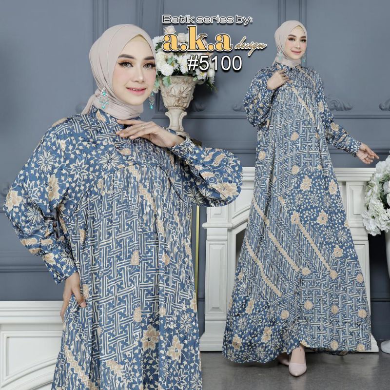 [5100]Gamis Batik Semi Sutra Resleting Depan Tangan Kancing // Kode AKA