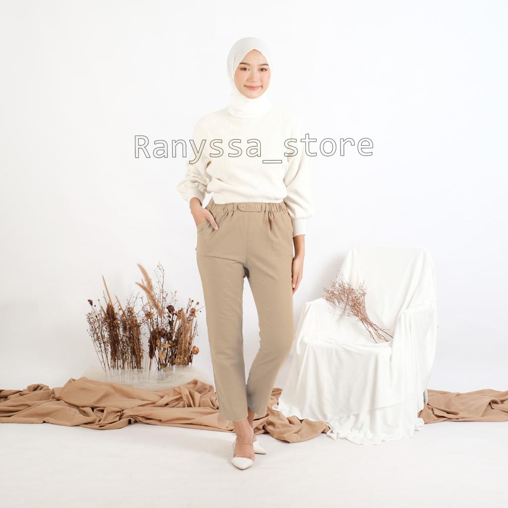 Baggy Pants Wanita Celana Panjang Wanita Bahan Linen Rami Premium Pants Karet Pinggang Celana Kerja Bawahan Wanita Muslim-Cream