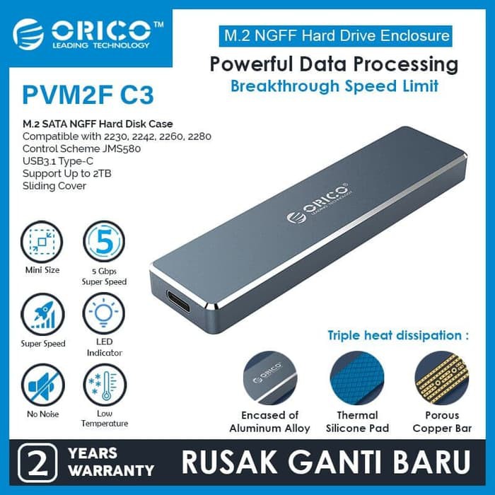 Case Ssd M.2 enclosure Orico Ngff sata Usb type-c 5Gbps aluminum pvm2f c3 - Casing external m2 b-key