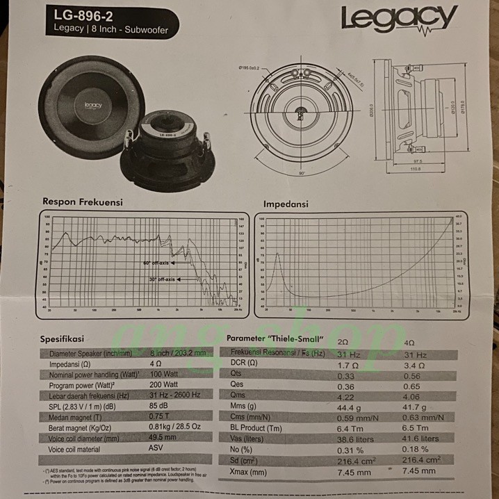 Speaker Subwoofer 8 inch Legacy 8 LG 896-2 . Subwoofer 8&quot; Legacy 896