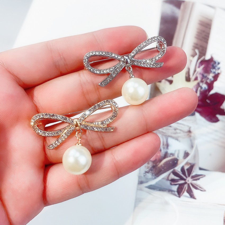 [ 1Pc Gold Silver Elegant Bowknot Pearl Brooches Brooch Pin Collar Jewelry for Girls ]