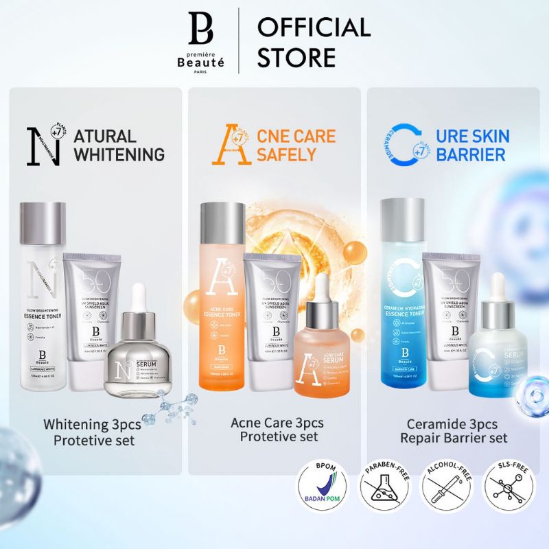 (BPOM) Premiere Beaute Skincare Package Set Sunscreen (Toner+Serum+Sunscreen) Isi 3pcs | Paket Wajah