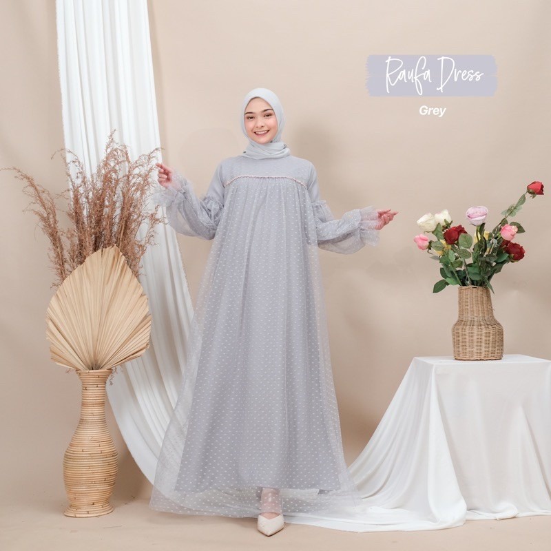 NEW- Raufa Dress Mosscrepe Mix Tille Dot JUMBO M-XL / BAJU DEWASA MURAH TERBARU 2021 / Gamis Kondangan Wanita