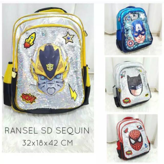 Tas Sekolah Anak Ransel Import Sequin Superhero / Tas Sekolah Backpack Anak SD dan TK dan Playgroup Anak Laki - Laki