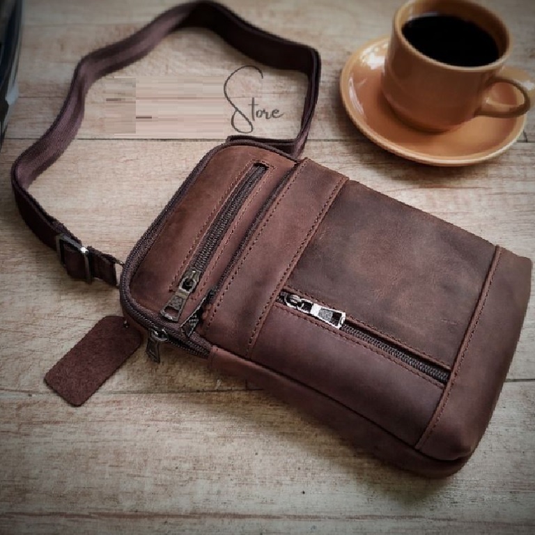 TAS SELEMPANG PINGGANG  PRIA COWOK KULIT SAPI ASLI COKELAT VINTAGE