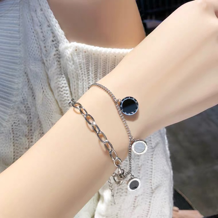 Gelang Double Layer Bulat Dengan Rumbai Geometris Waterproof Anti Alergi 18K Rose Gold