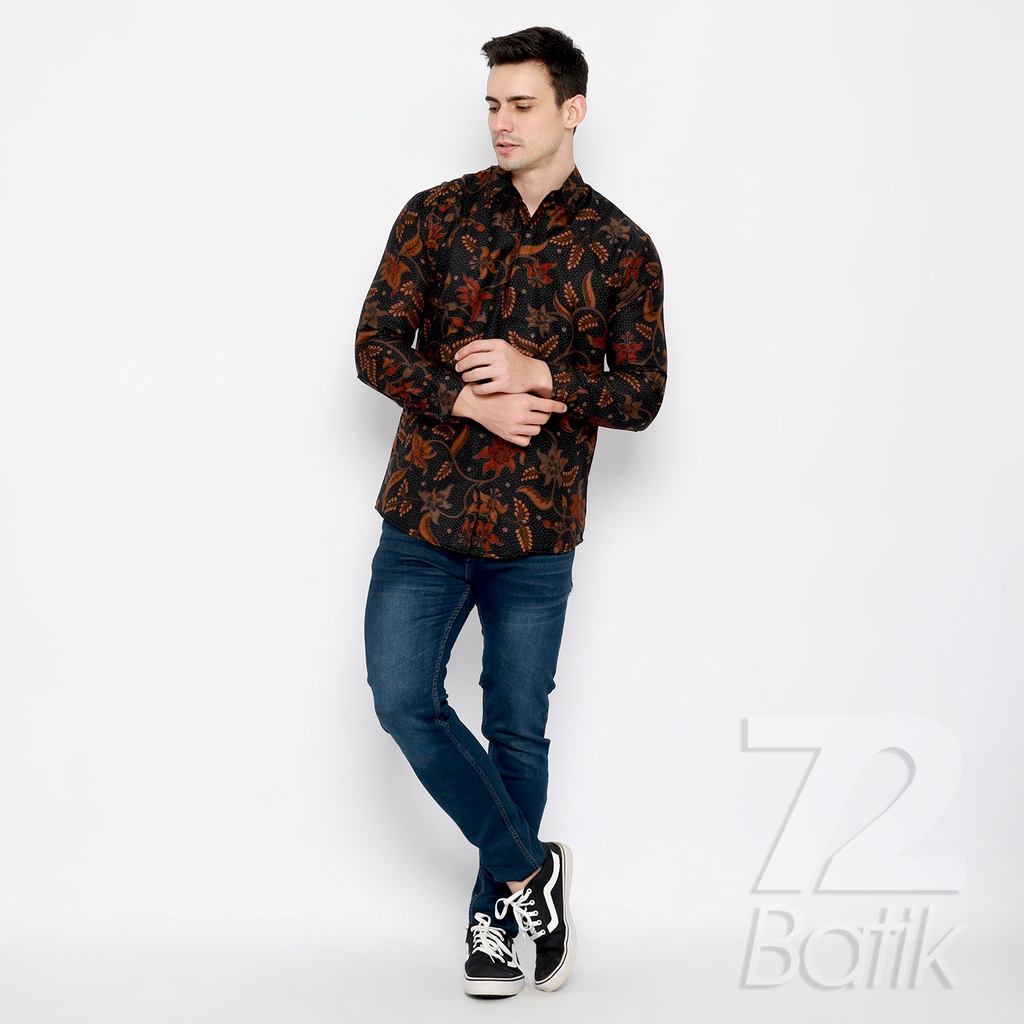 KEMEJA BATIK PRIA Dobby Lengan Panjang Slimfit Slim Fit Warna Hitam Orange Merah 723084 Cap 72 - Baju Kemeja Atasan Pakaian Setelan Batik Pria Cowok Laki Laki Remaja Keluarga Kantor Lengan Panjang Modern Slimfit Slim Fit Premium Kekinian