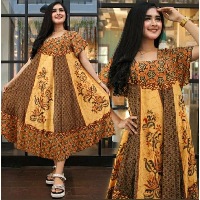 Daster payung daster serut motif batik monokrom bahan rayon premium daster kekinian dress wanita piyama dan baju tidur warna latte