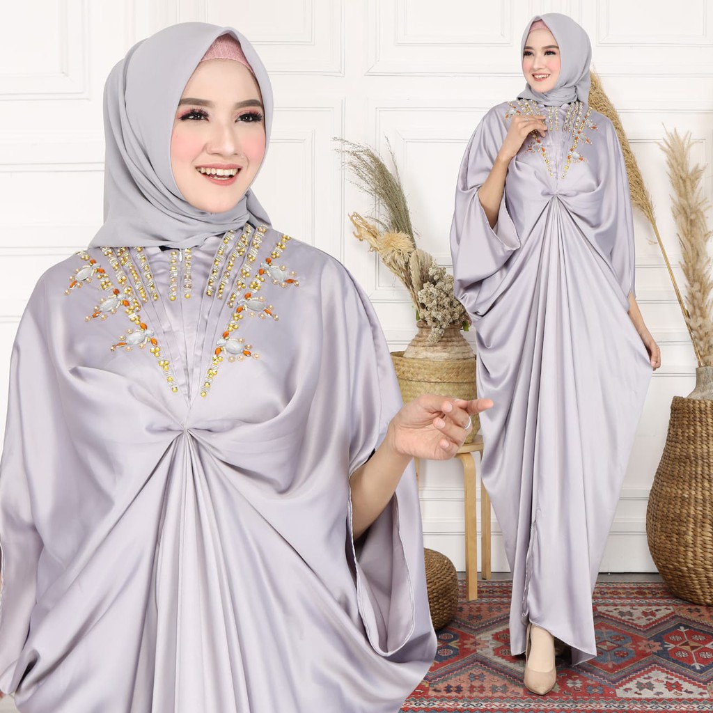 HOPYLOVY Kaftan Wanita Kombinasi Permata Mewah Halimah / Baju Lebaran 2021 Kekinian