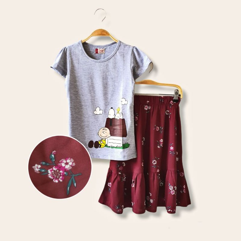 Ammigoz kids Girls Snoopy T-shirt and Skirt Set / Setelan Anak Perempuan Tshirt dan Rok Snoopy (4-14Y)-Grey