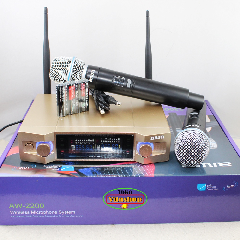 MIC Wireless Aiwa AW-2200 Microphone Wairles 2 Handle Mik Karaoke Vocal Bagus