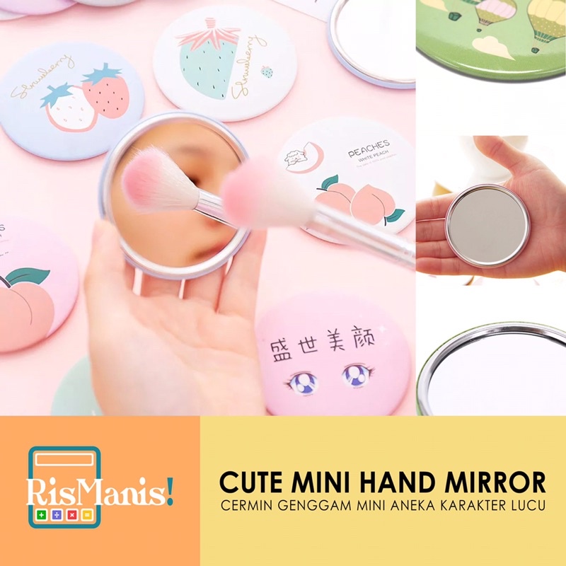 CUTE MINI HAND MIRROR - Cermin Bulat Kecil Mungil Kaca Rias Aneka Warna Cantik Karakter Kartun Lucu