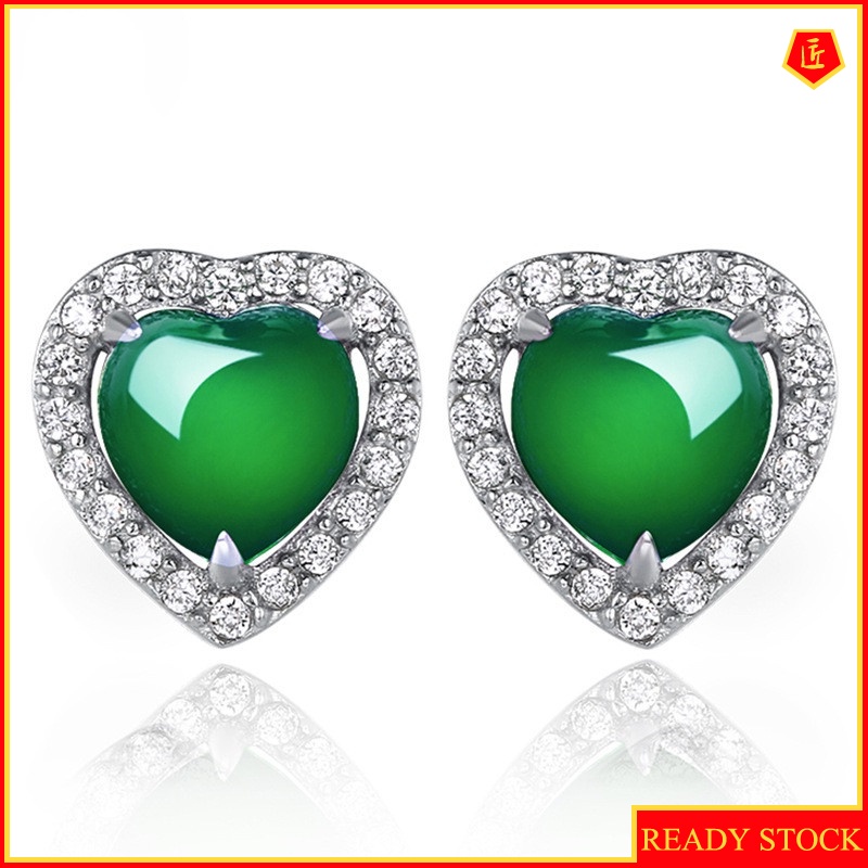 [Ready Stock]Elegant Green Chalcedony Heart-Shaped Stud Earrings