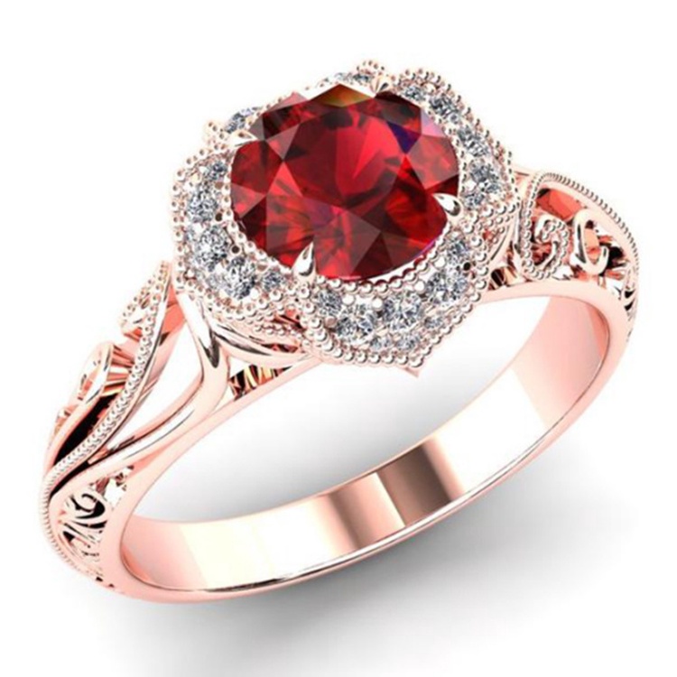 Cincin Rose Gold Motif Ukir Hollow Dengan Zircon Merah Untuk Wanita