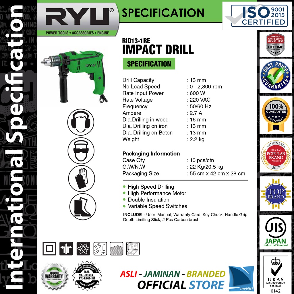 Mesin Bor 13 mm Bolak Balik + Bonus Mata Bor - Reverseable Hand Drill RID13-1RE TEKIRO RYU