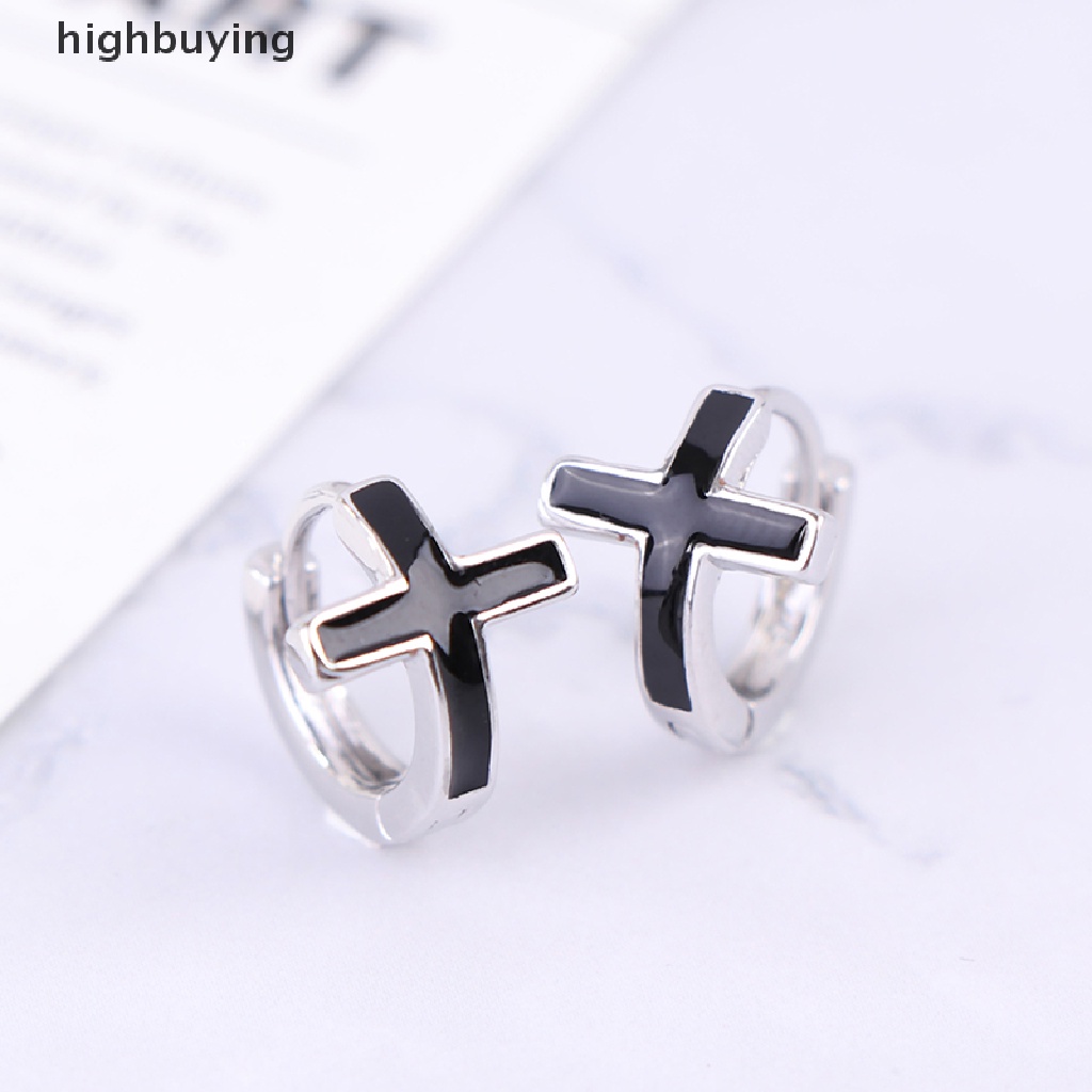 Hbid Anting Tusuk Sterling Silver 925 Model Salib Warna Hitam Gaya Korea Untuk Pria