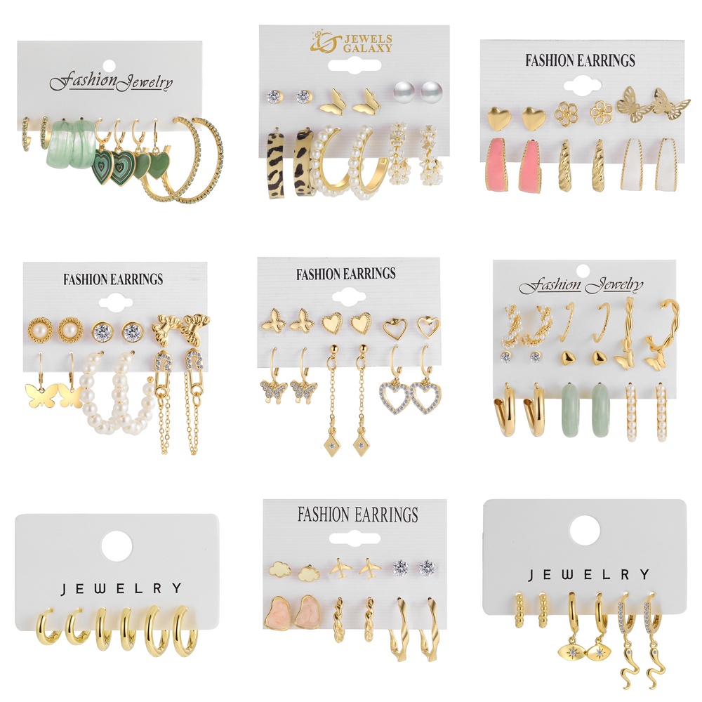 10pcs / Set Anting Tusuk Bahan Metal Warna Gold Desain Awan + Mutiara + Berlian Untuk Wanita