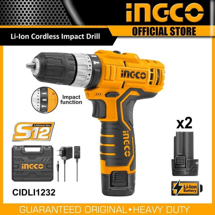 INGCO MESIN BOR IMPACT CORDLESS DRILL 12V LITHIUM INGCO CIDLI1232 BOR BATERAI