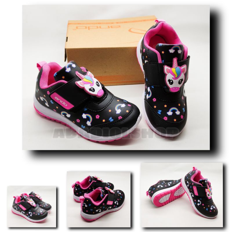 ANDO - SEPATU SNEAKERS ELINA VELCRO ANAK TERBARU / SEPATU ANDO GIRLS SNEAKER MOTIF MINICORN VELCRO / ANDO ORIGINAL / SEPATU KETS ANAK PEREMPUAN / SEPATU SNEAKER ANAK-ANAK / SEPATU MINICORN VELRO KIDS 28-32 HITAM PINK