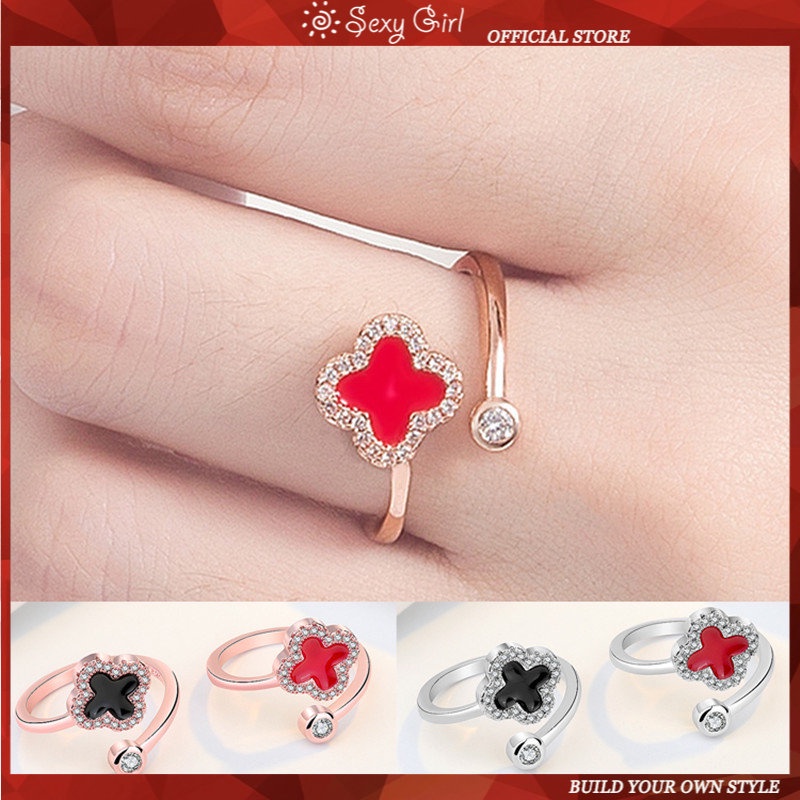 Cincin S925 Silver Bentuk Daun Clover Warna Rose Gold Aksen Zircon Untuk Wanita