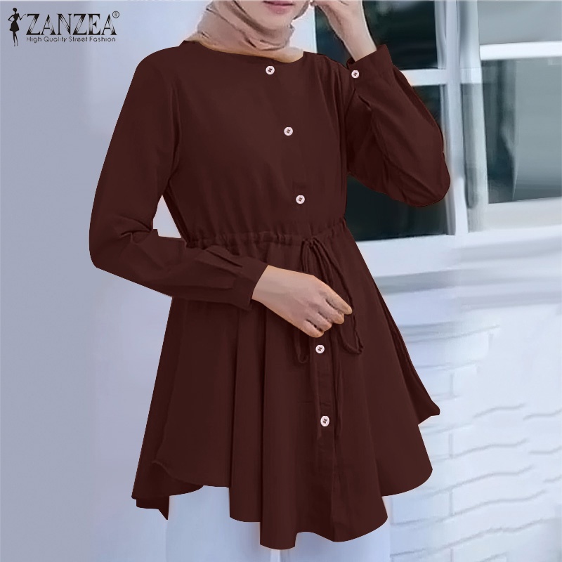 ZANZEA Women Fashion Muslim Full Sleeve Crew Neck Button Cuffs Shirt Loose Blouse