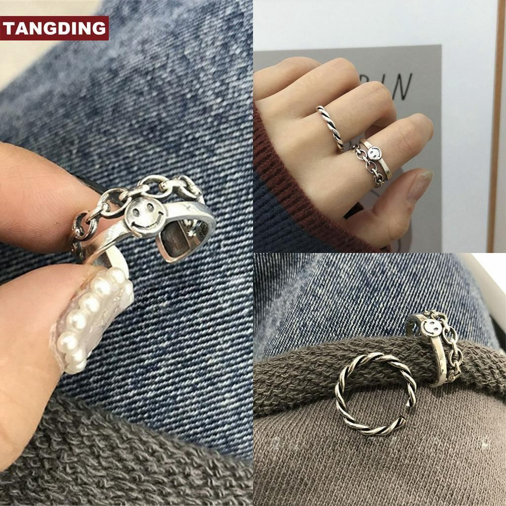 2pcs / Set Cincin Rantai Model Terbuka Desain Wajah Tersenyum Gaya Retro Korea Untuk Pasangan