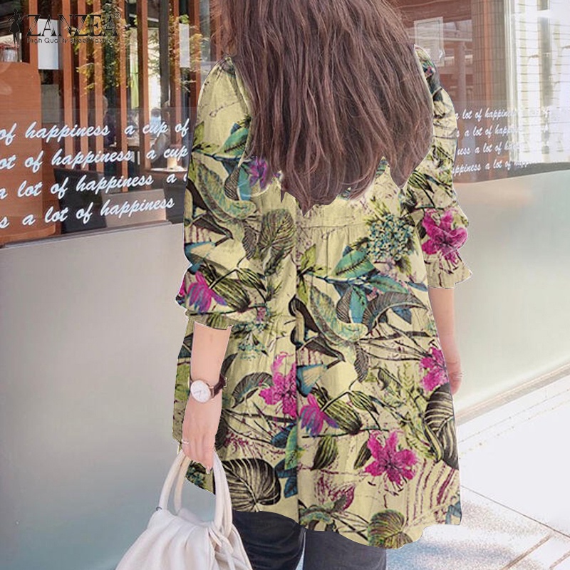 ZANZEA Womens Fashion Round Neck Puff Long Sleeve Floral Printing Casual Loose Blouse