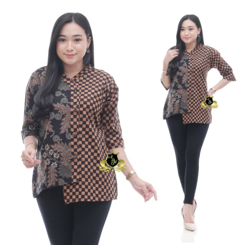 Batik wanita ASJ SA HRB026 Kenongo Kemeja Tosca Pendek-daun hitam catur