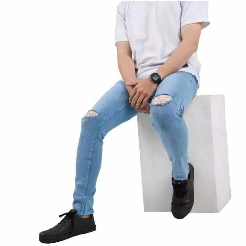 CELANA PANJANG SEMI SOFTJEANS PRIA SKINNY HITAM SOBEK LUTUT RIPPED JEANS STREET