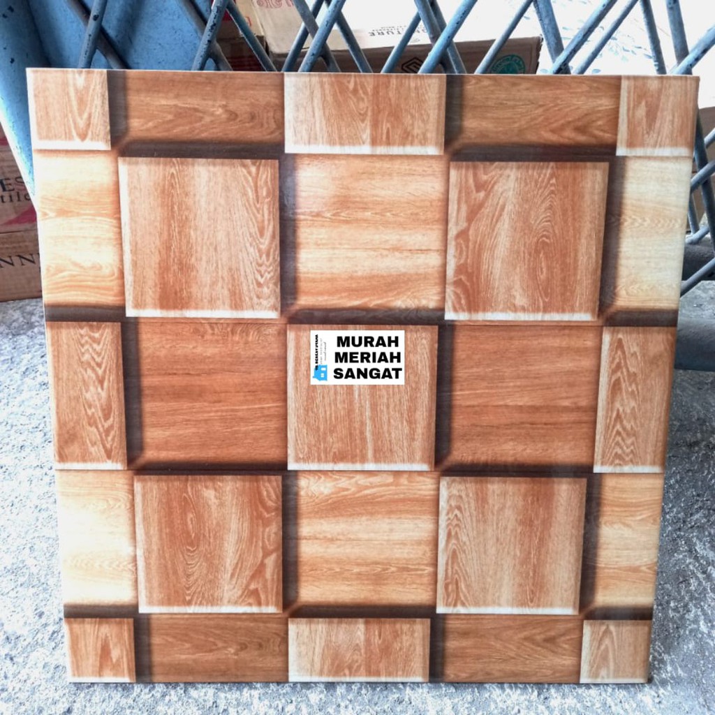 KERAMIK LANTAI 40X40 GLOSSY MENGKILAP COKELAT MOTIF KAYU KOTAK TIMBUL