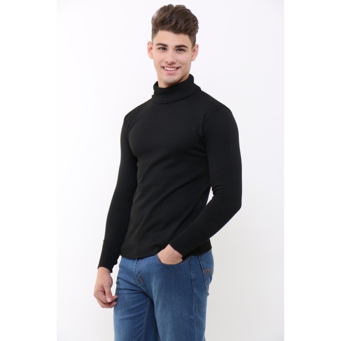 Sweater Rajut Kerah Tinggi Lengan Panjang Pria - Hitam, M