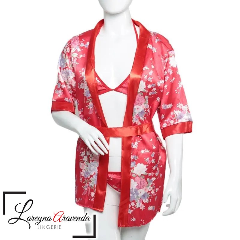 Set Lingerie Sexy + G String + Bra Bahan Satin Jepang Model Kimono Sakura LG050