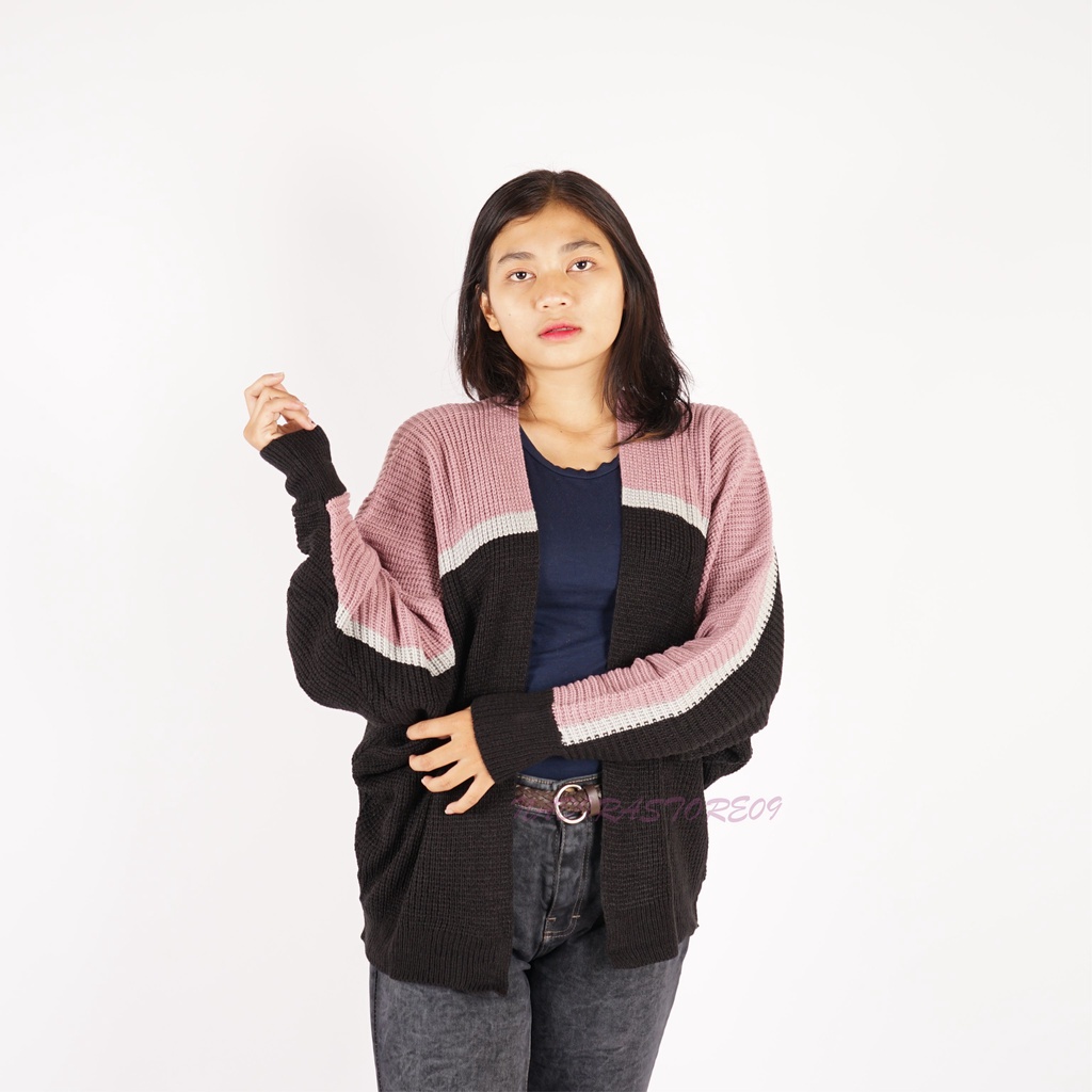 CARDIGAN BATWING RAJUT OVERSIZE PREMIUM / KOMBINASI / NILA HITAM STRIP SILVER