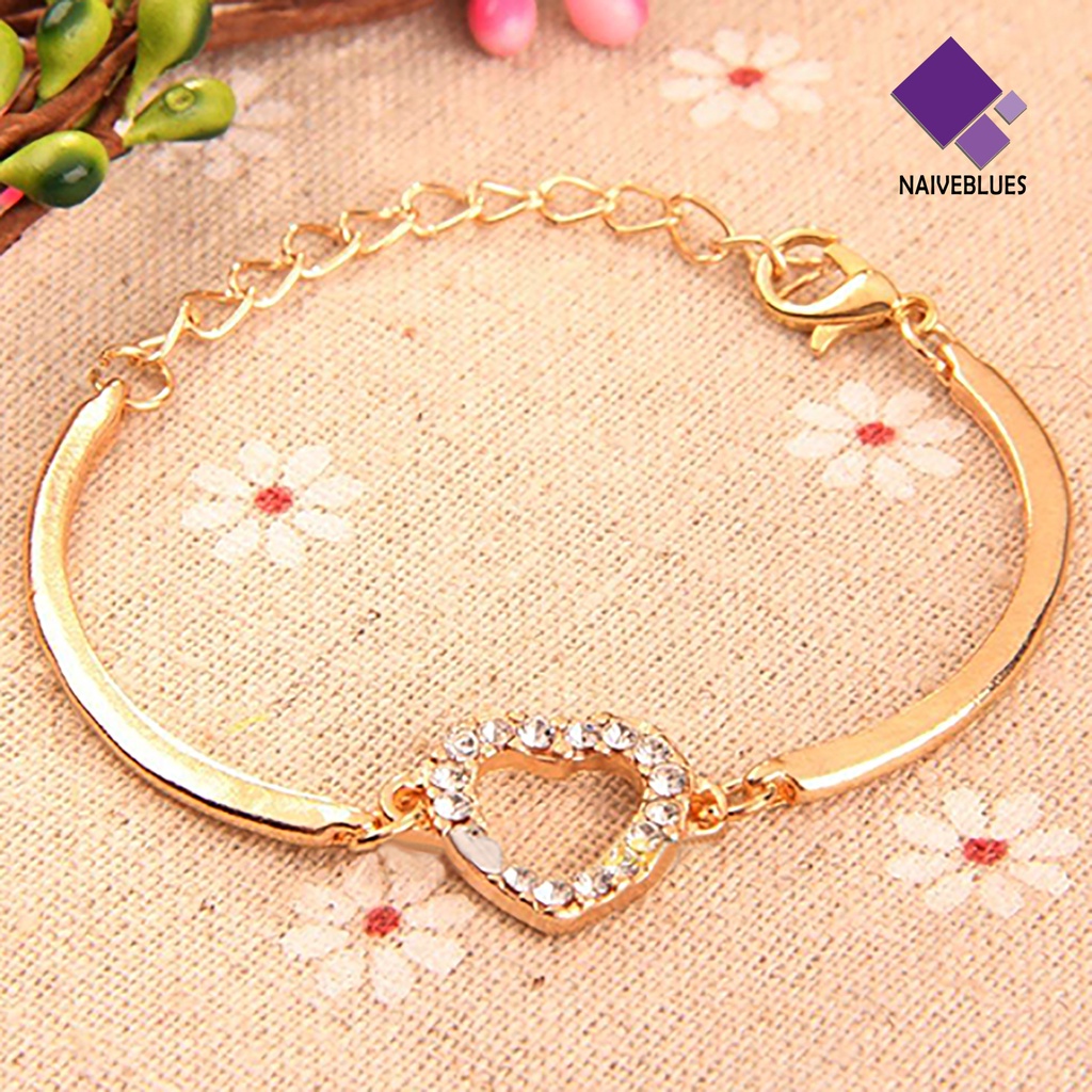 Naiveblue &gt; Gelang Tangan Rantai Adjustable Motif Hati Aksen Kristal + Berlian Imitasi Untuk Wanita