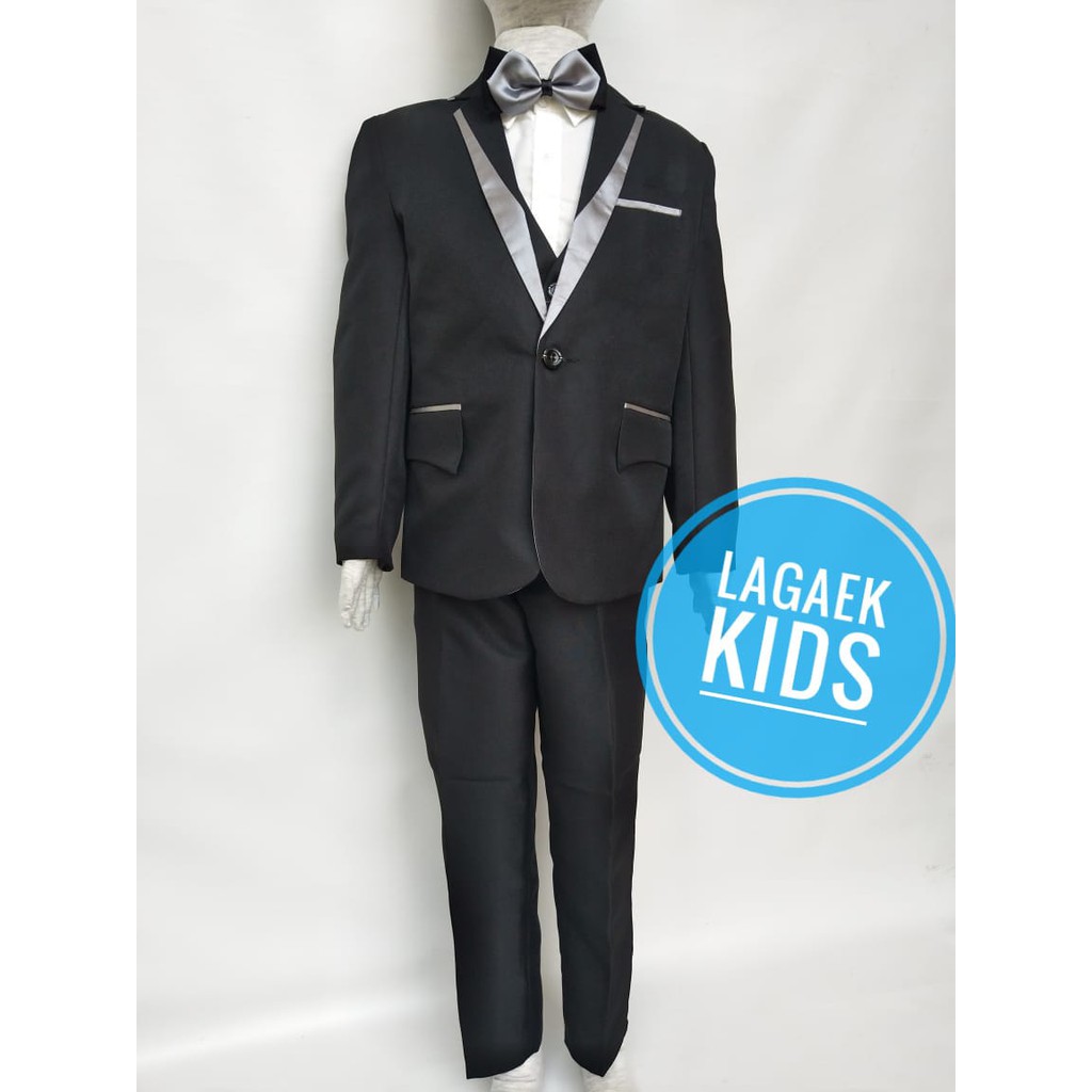 Jas Anak Tuxedo Anak Lis Abu 1 - 10 Tahun Setelan Jas Anak Premium 8in1 HITAM Usia 1 - 10 Tahun - Setelan Tuxedo Black Dasi Kupu-Kupu Black