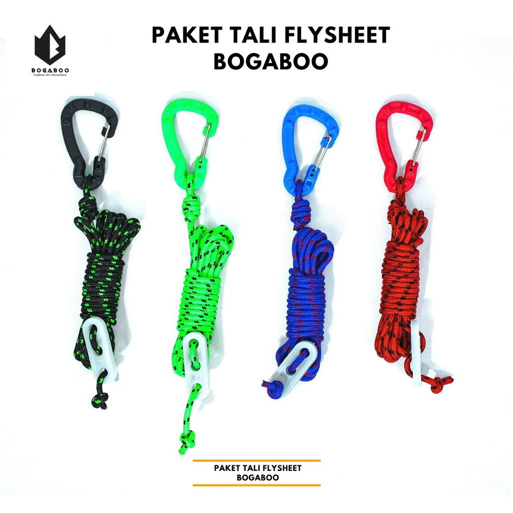 Paket tali flysheet BOGABOO - karabiner abs - guyline glow in the dark - tali perusik 3 MM  - paket tali tenda - paket tali tiang flysheet - bivak set bogaboo