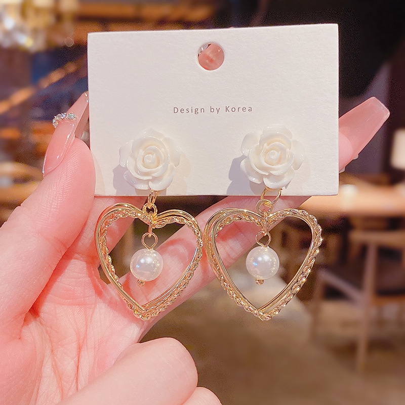 Shuling S925 silver needle Women Earrings Retro Flower Heart-shaped Pearl Earrings Fashion Drop Earrings