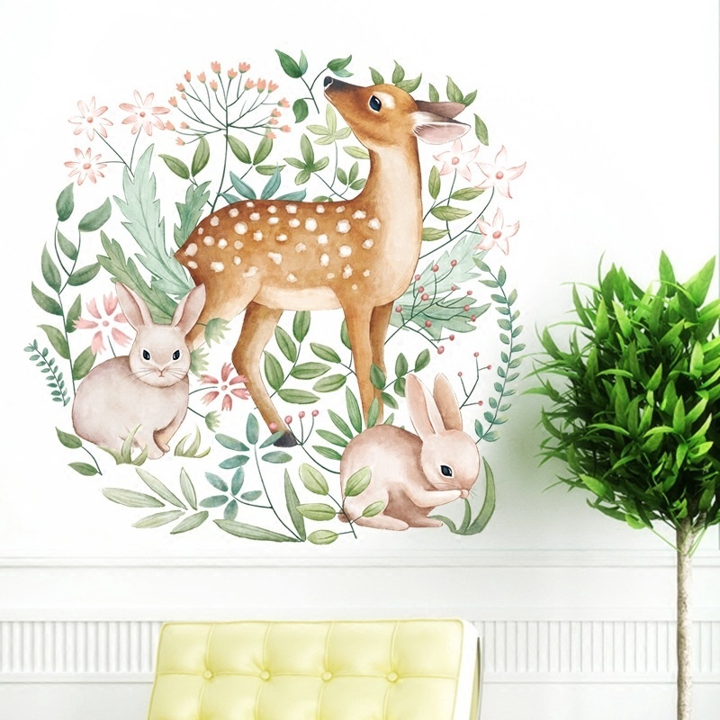 New Waterproof Nordic Style Sika Deer Rabbit Pattern Pvc Wall Stickers for Kids Room Living Room Decoration