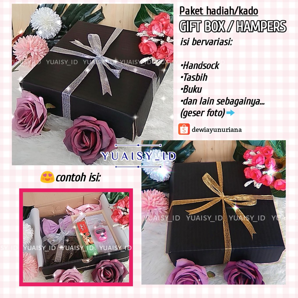 

Paket Hadiah Gift Box Hampers isi Handsock dll bervariasi Kado Wisuda Nikah Ulang tahun Ultah Raya