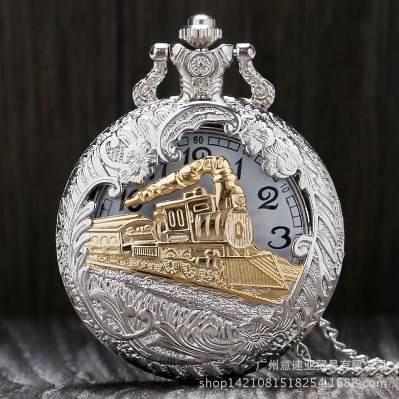 Penjualan Langsung Indah ukir Berongga Kepala Kereta Pola Besar Saku Retro Nostalgia Kuarsa Jam Saku