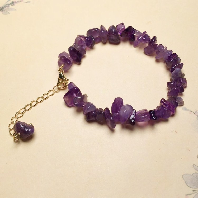 Natural Amethyst Bracelet Purple Crystal Irregular Chip Bead Tumble Stones 14K Gold