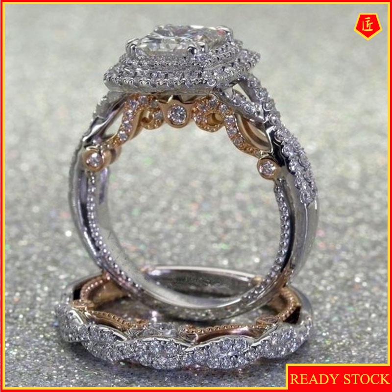 [Ready Stock]Gold Color Separation Square Diamond Ring Set Elegant Graceful