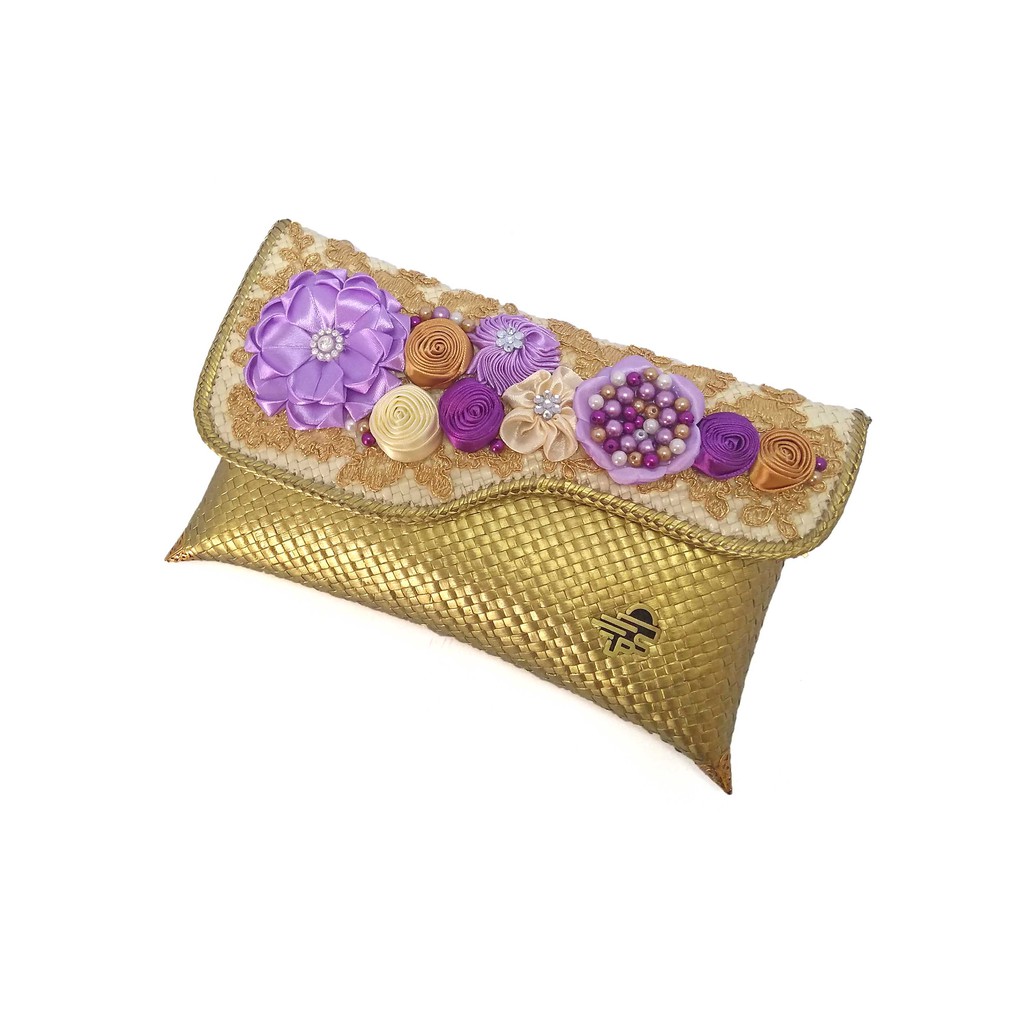 Putra Sukapura Clutch Pesta Cantik Party Clutch Anyaman Gold Purple Dompet Wanita