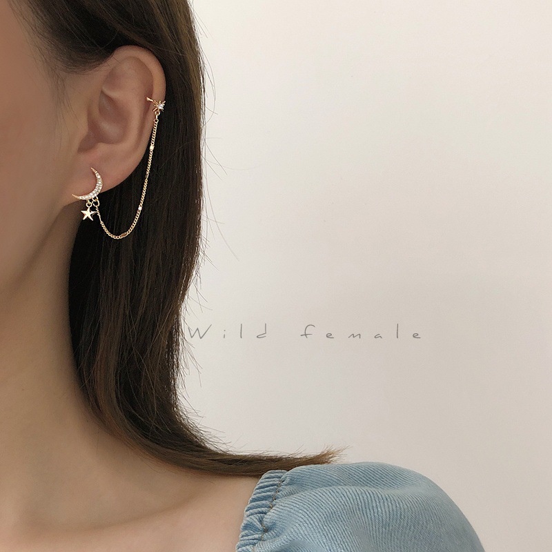 Anting Tusuk Asimetris Bentuk Bulan Sabit Bahan Sterling Silver 925 Gaya Korea Untuk Wanita