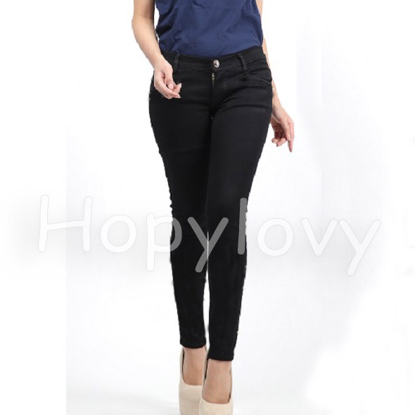 HOPYLOVY - Celana Jeans Wanita Hitam Basic Skinny BLACK