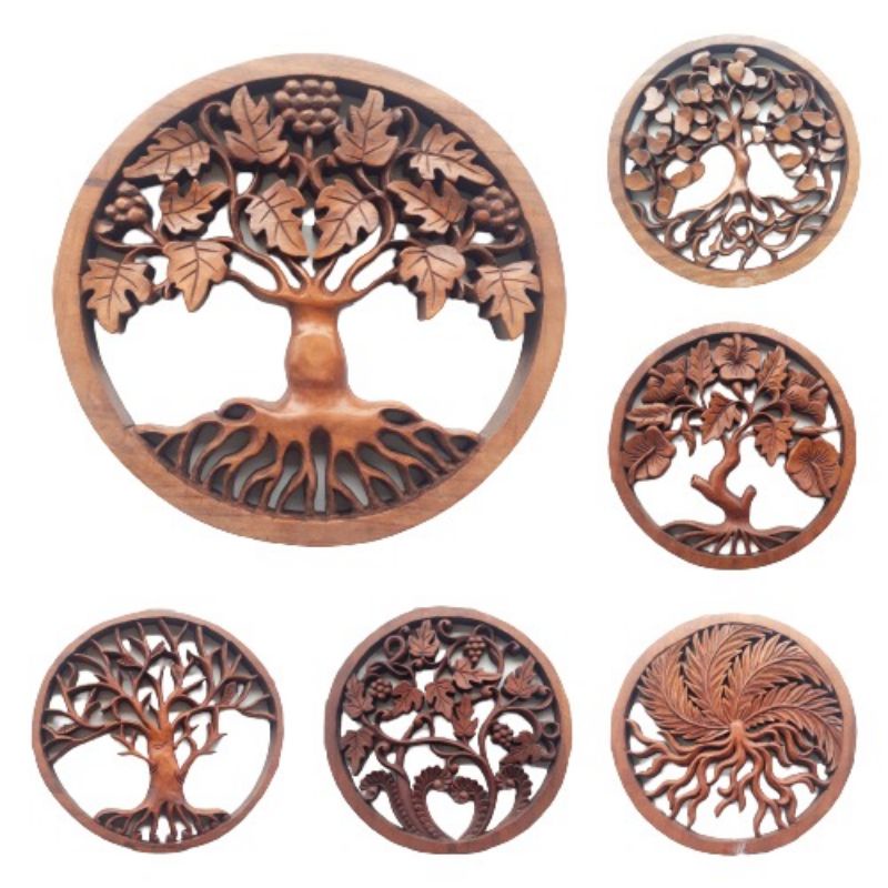 Hiasan dinding kayu Ukiran Bali motif pohon frame bundar 30 cm Home & living decoration