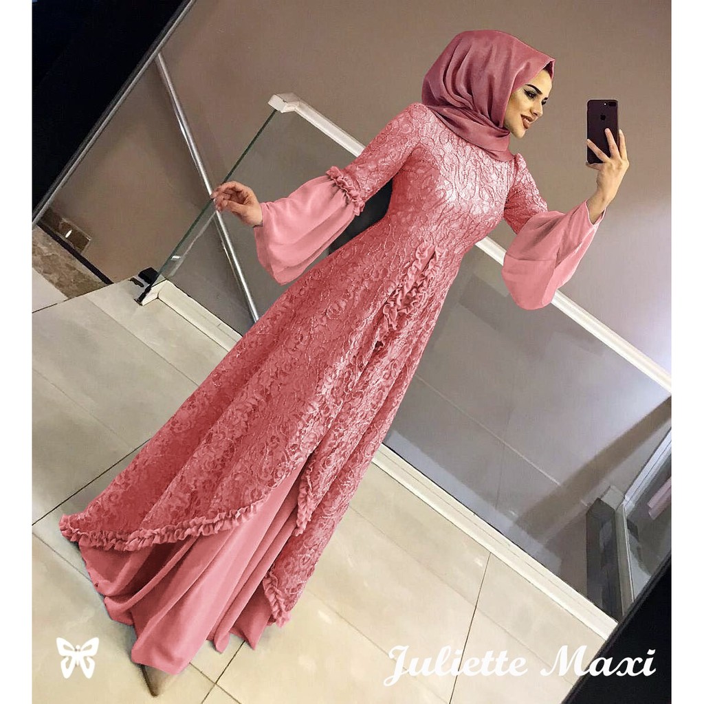 Maxi Gamis JULIETTE XL dan 3XL JUMBO Brukat + Hyget kombi lengan Sifon Berkualitas Terbaru-Peach